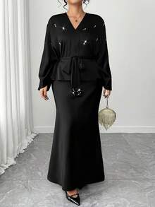 Elenzga Bộ 2 món áo cánh đính đinh tán thời trang thanh lịch dành cho nữ cỡ lớn và chân váy bó eo, trang phục dự tiệc - màu đen - Xem 7