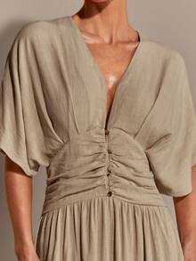 COSMINA Vestido de mujer de cuello en V profundo y manga corta, versátil para la oficina, el transporte y el uso diario, para todas las estaciones