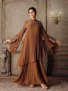 Anewsta Váy dài tay xếp ly ren chữ A thanh lịch màu kaki mới dành cho nữ, váy dạ hội - Màu Khaki - Xem 5