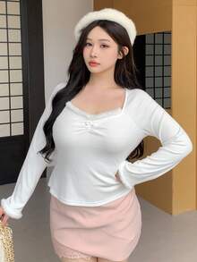 Dazy Plus Plus Size Women Solid Color Patchwork Fringe Elastic Fitted Sleepwear Top, White Pajamas - White - View 5