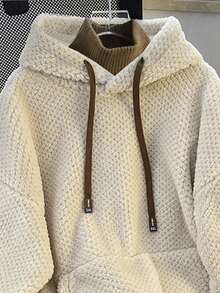 Resyla 女士杏色和棕色撞色纯色仿毛绒针织连帽高领套头卫衣，采用3D毛绒质感，宽松版型，长袖设计，配有大口袋。适合日常穿着，也适合秋冬季节。 - 杏色 - 查看 4