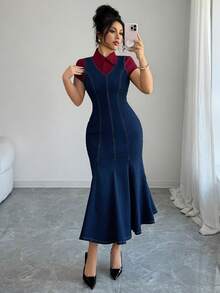 Elenzga Elegant & Chic Dark-Wash Stretchy Fitted Denim Dress For Commuting, Women - Dark Wash - View 3