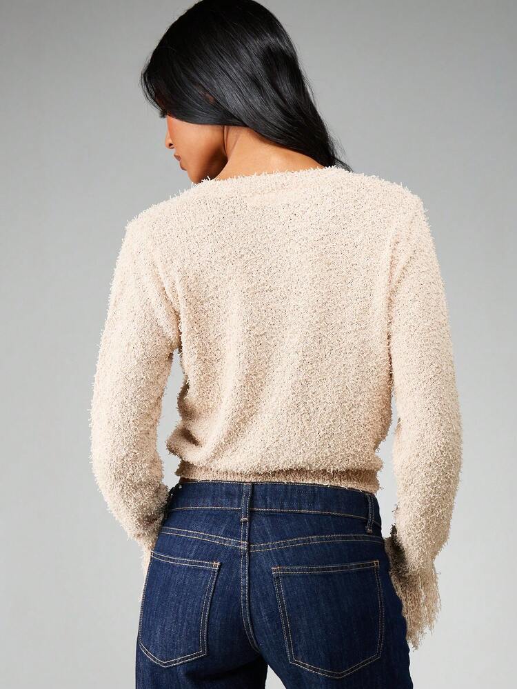 MISSGUIDED Fuzzy Teddy Cropped Cardigan Long Sleeve Button Front Frayed Hem Fall Winter Sweater