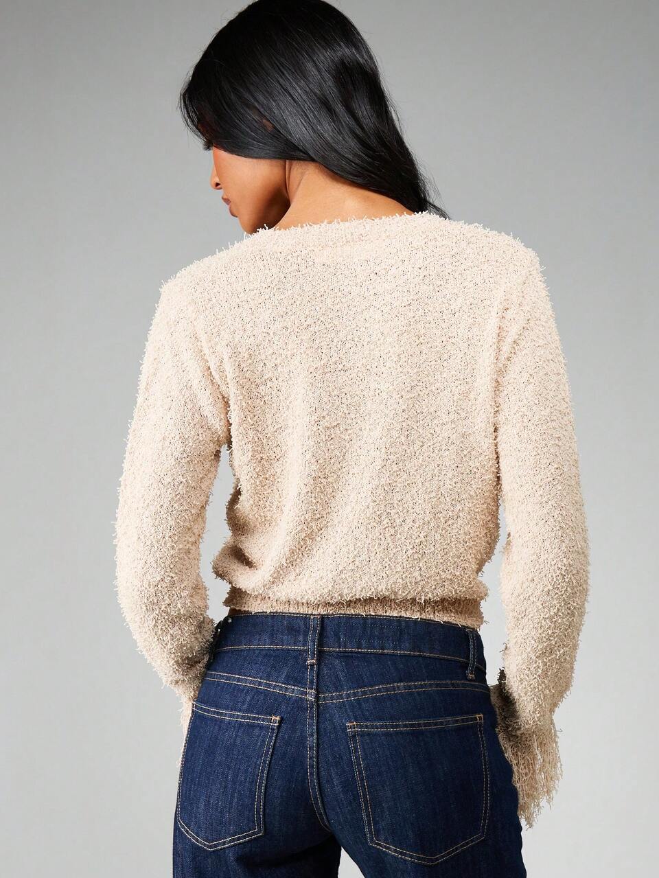 MISSGUIDED Fuzzy Teddy Cropped Cardigan Long Sleeve Button Front Frayed Hem Fall Winter Sweater