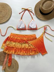 Swim Vcay Women's Orange Casual Vacation Beach Party Elegant Halter Neck 3-Piece Bikini Swimsuit Set - Burnt Orange - View 2