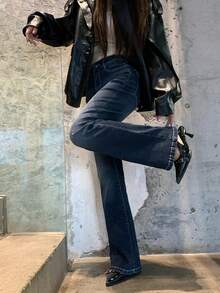 DAZY Quần Jeans Nữ Ống Loe Thêu Phong Cách Hàn Quốc, Thường Ngày, Đã Giặt, Retro - Màu xanh lam - Xem 3