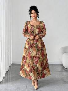 SHEIN Elenzya 提花长袖加大码连衣裙 - 彩色 - 查看 3
