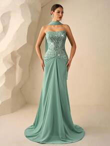 Coutiva 优雅抹胸上衣，串珠亮片缝边雪纺鱼尾裙摆派对礼服，适合生日派对、婚礼宾客、晚宴、毕业典礼等场合。 - 綠色 - 查看 9