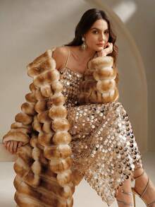 Anewsta 新款秋冬蓬松外套，中长款女士时尚毛茸茸大衣 - 棕色 - 查看 4