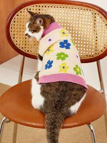 PETSIN 1件宠物猫狗通用甜美可爱花朵图案针织提花保暖舒适弹力无袖高领狗狗毛衣 - 彩色 - 查看 2