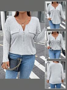 Easura 大码女式简约百搭圆领长袖装饰口袋纯色拉链罗纹磨毛修身T恤，秋冬款 - 灰色 - 查看 5