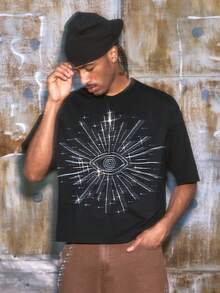 AXEPEAK 男士图案T恤，宽松版型，水钻眼睛设计，短袖上衣。 - 黑色 - 查看 7