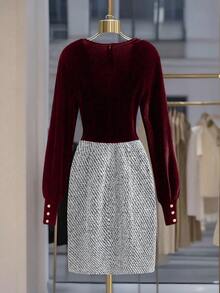Franclia Women's Velvet Lapel Patchwork Tweed Button Decor Mini Dress - Burgundy - View 2