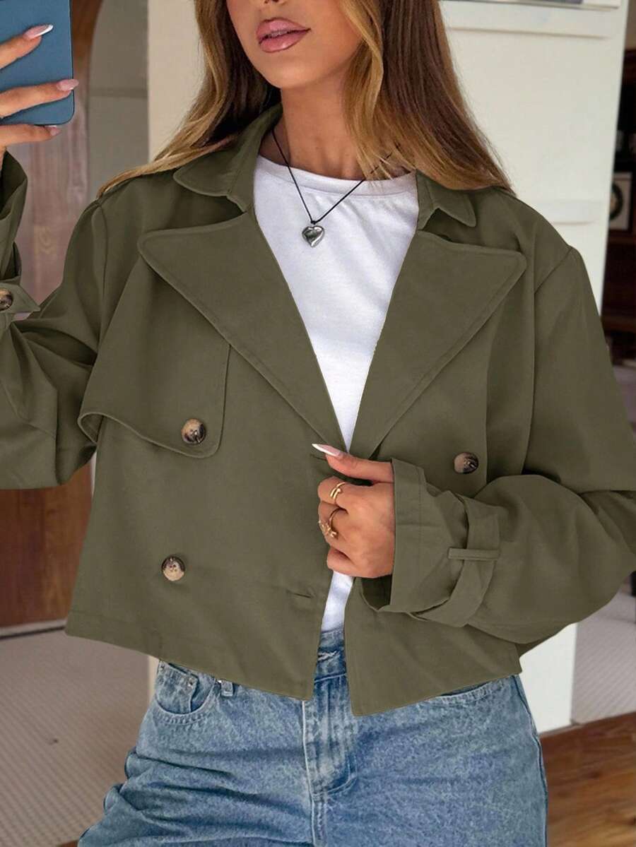 Muchica 秋冬季女式军绿色梭织休闲短款防风夹克 - 軍綠色 - 查看 1
