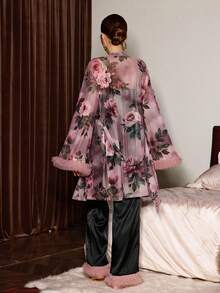 SHEIN Damen Pyjama Set, Blume Muster Patchwork Volant Saum Morgenmantel, Kapuzen Trägerhemd, Hose mit Volant Saum