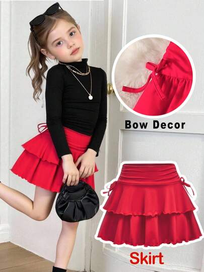 SHEIN Young Girl Girlism 年轻女孩街头服饰纯色抽绳腰部褶皱裙，红色，适合圣诞派对、居家和户外穿着、休闲简约优雅、婚礼季节、淑女绅士、秋冬、圣诞节、派对穿着、日常穿着、生日礼服、公主裙、母女姐妹搭配