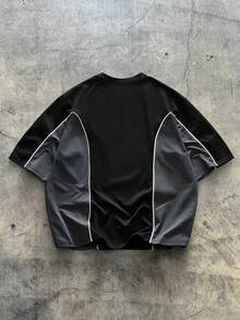 AXEPEAK 男士宽松撞色印花圆领短袖T恤 - 黑色 - 查看 2