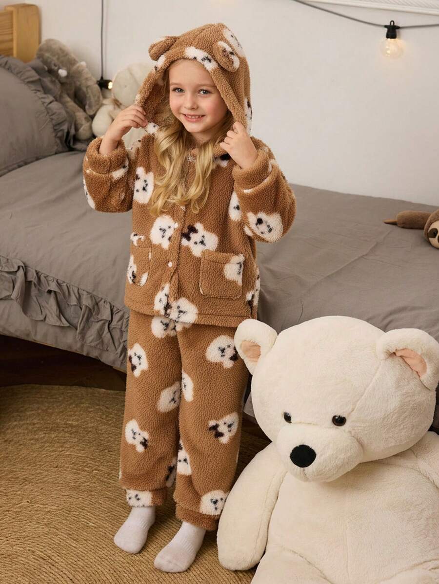 2 件套少女柔软毛绒熊印花连帽开衫和裤子睡衣套装，舒适时尚秋冬家居服 - 棕色 - 查看 1