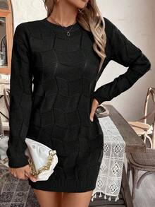 EMERY ROSE Women's Loose Casual Round Neck Drop Shoulder Long Sleeve Knitted Sweater Dress, Autumn/Winter - Black - View 5