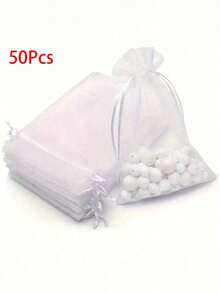 10/20/30/50个装纯色欧根纱抽绳糖果礼品袋、化妆品包装袋、珠宝收纳袋，防晒旅行保暖 - 白色 - 查看 10