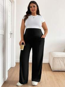 SHEIN 大码孕妇弹力腰带口袋休闲舒适裤 - 黑色 - 查看 3