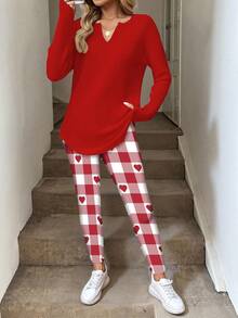 SHEIN LUNE 2pcs/Set Women Long Sleeve T-Shirt And Leggings, Autumn/Winter Valentine's Day Outfits And Matching Sets - Valentine's Day Date And Home Wear - Valentine's Day Heart Red Sets For Women 2 Piece Casual Sets Woman Red Gingham Set - Multicolor - View 4