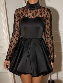 Glamine Charm Sexy Lace & Mesh Patchwork Design Puff Skirt High Neck Zipper Back Waist Cinched Long Sleeve Dress - Black - View 6