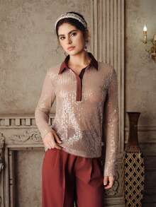 Anewsta Commuting College Sequins Embroidery Turndown Collar Long Sleeve Partial Placket Women Shirt - Khaki - View 7