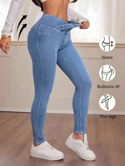 SHEIN PETITE Women's Fall Autumn Winter Back To School Homecoming Halloween Christmas Y2k Cute Gym Streetwear Birthday Club Airport Women Casual Washed Overlap Waist Slim Fit Blue Jeans High-Waisted Stretchy Skinny Jeans For Women , Perfect Fit For Everyday Wear Casual Blue Denim Skinny Jeans With Soft Fabric And Flattering High-Waist Design