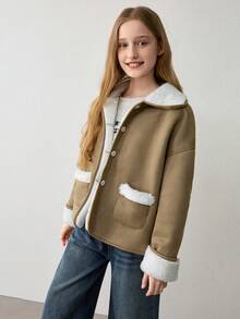 SHEIN Tween Girls Casual Warm Fleece Jacket, Autumn/Winter - Khaki - View 4