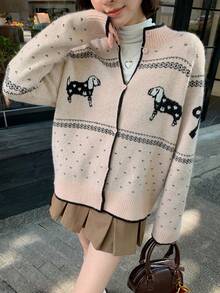 DAZY Women's Cartoon Contrast Color Puppy Design Korean Style Cardigan, Autumn/Winter - Pink - View 6