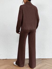SHEIN Essnce 2件套女士休闲纯色高领长袖上衣和裤子套装，秋季 - 咖啡棕 - 查看 2