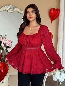 Vionelle Áo cánh dự tiệc tay dài cổ vuông Jacquard cỡ lớn màu sắc trang nhã và dễ thương dành cho nữ - Đỏ - Xem 7