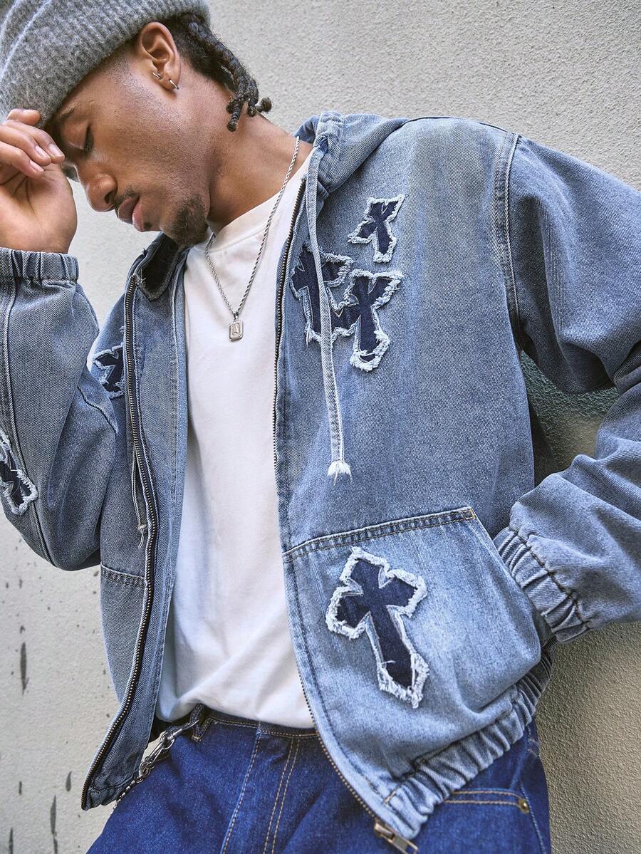AXEPEAK Men's Washed Applique Embroidery Denim Jacket, Aqua Blue Autumn Streetwear City Break High-End Cross Jean Jacket, Grunge, Urban, Work - Blue - View 1