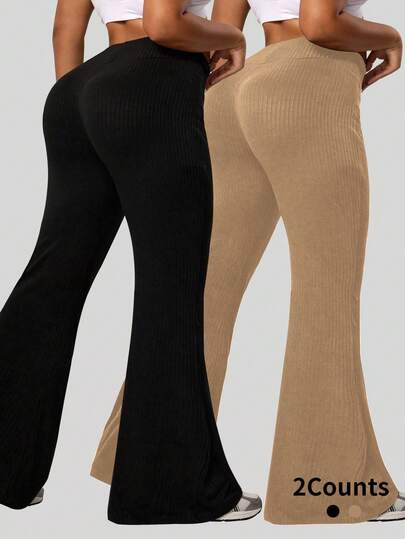 Velisys 2PCS Women's Ribbed Flared Pants, Slim Fit Casual Sports Trousers For Daily Wear Boot Cut Yoga Pants Flare Yoga Pants Women Flare Leggings Flared Leggings Wide Leg Leggings