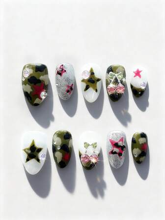 Anime 10pcs Cute Bowknot Music Note Star Element High Quality Handmade False Nails + 3pcs Double-Sided Adhesive, Y2K French Style Rhinestone Chain Polka Dot Removable Nail Art Stickers, Suitable For Holidays, Parties, Dancing And Daily Wear