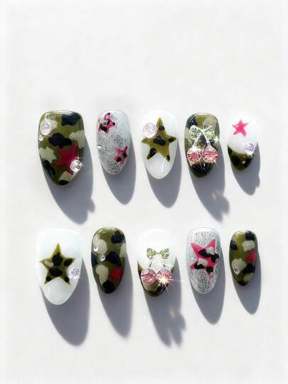 Anime 10pcs Cute Bowknot Music Note Star Element High Quality Handmade False Nails + 3pcs Double-Sided Adhesive, Y2K French Style Rhinestone Chain Polka Dot Removable Nail Art Stickers, Suitable For Holidays, Parties, Dancing And Daily Wear