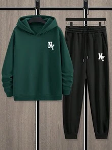 Manfinity Homme 男士纽约字母印花休闲简约通勤卫衣和运动裤两件套，秋冬款 - 彩色 - 查看 3