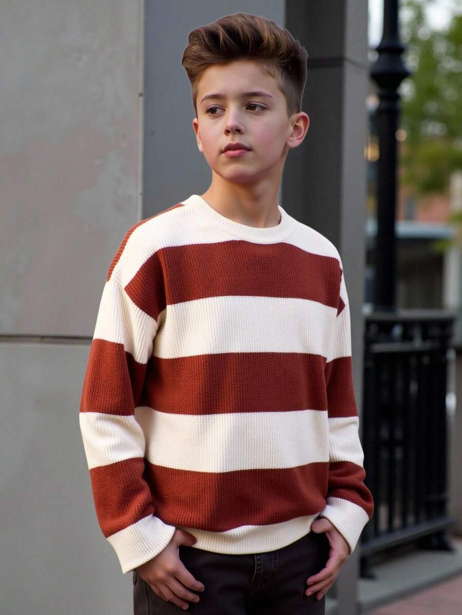 Men's Crew Neck Long Sleeve Striped Contrast Color All-Match Casual Pullover Sweater, Apricot Color, Suitable For Daily, School, And Leisure Wear 14 Year Old Clothes Boy Sweater Kid 8 Years Old Boy Knitwear Sweaters Teen Boys