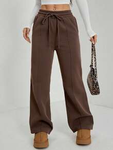 SHEIN PETITE Women's Fall Pebble Detail Straight-Leg Sweatpants,Fall,Fall Clothes For Women - Coffee Brown - View 5