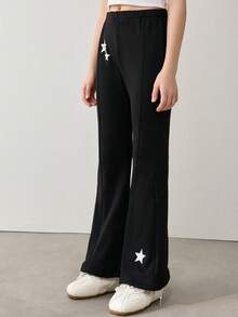 Tween Girl Casual Black Winter School Pants,Star Decorated Elastic Waist Double&Single Star Print Hem Micro Flared Velvet Sweatpants For Spring Autumn - Black - View 4