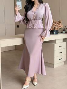 DAZY Women's Elegant Solid Color Long Sleeve Shirt & Skirt 2-Piece Set - Purple - View 7
