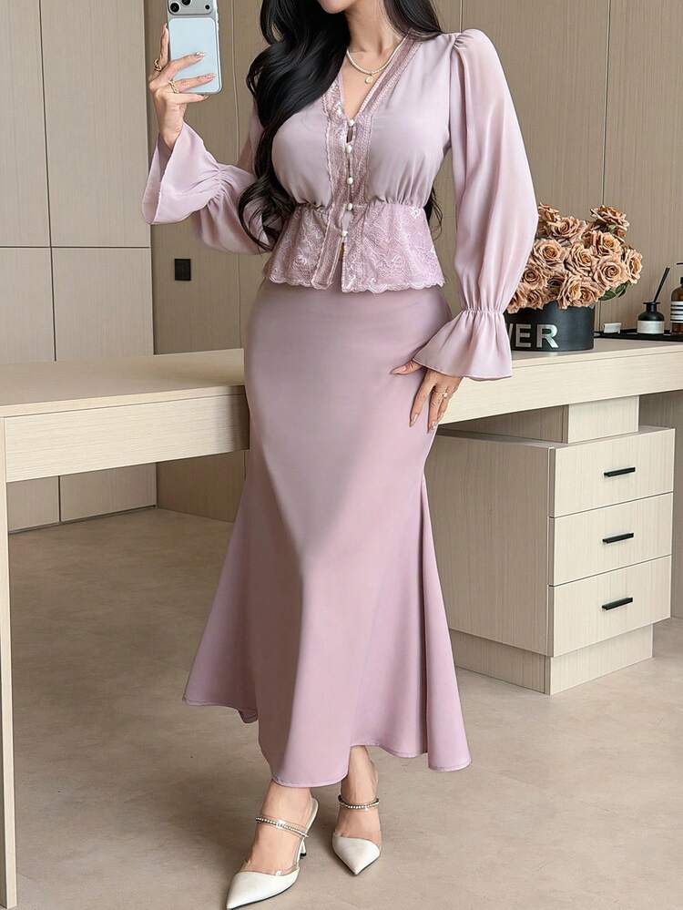 Women's Elegant Solid Color Long Sleeve Shirt & Skirt 2-Piece Set