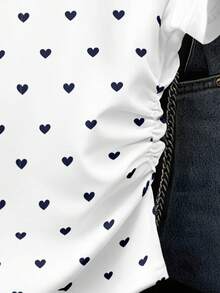 Resyla 女士百搭优雅T恤，腰部收紧多色条纹拼接短袖爱心图案印花T恤上衣 - 彩色 - 查看 3