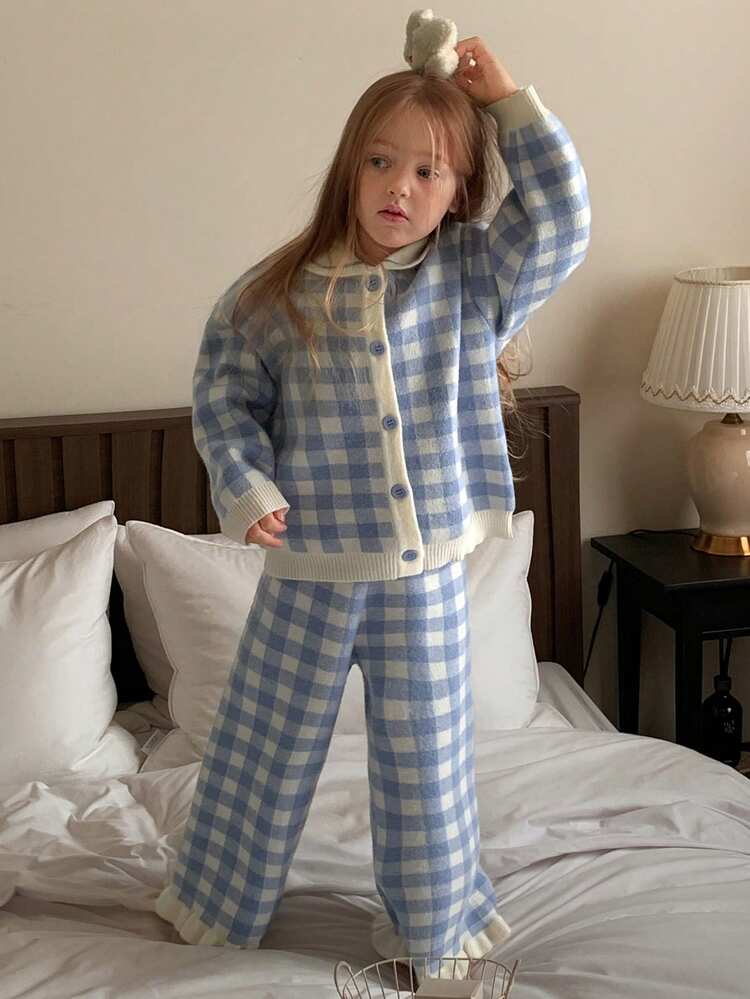 2pcs/Set Young Girls Plaid Korean Style Cute Sweater Long Sleeve Jacket And Knitted Long Pants, Autumn