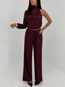 Aloruh Women's Burgundy Autumn 2 Pieces Set Solid Color Turtleneck Asymmetric Loose Top And Wide Leg Pants,Seksi Chic Night Out Business Casual Outfits - Dusty Purple - View 5