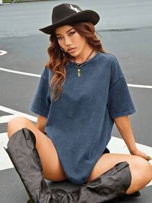 SHEIN EZwear 女士夏季藍色針織寬鬆復古磨損休閒T恤 - 藍色 - 查看 5