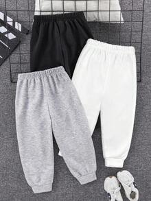 SHEIN 3 pièces Pantalons de survêtement amples et doublés thermiques avec broderie pour garçons, conviennent pour l'école, le jardin, la plage, les anniversaires, l'automne/l'hiver