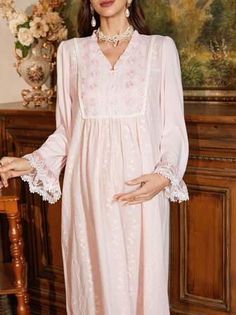 PalaceNights Vintage palatsstil 3D-blommig broderi V-ringad gravidnattlinne, vinter