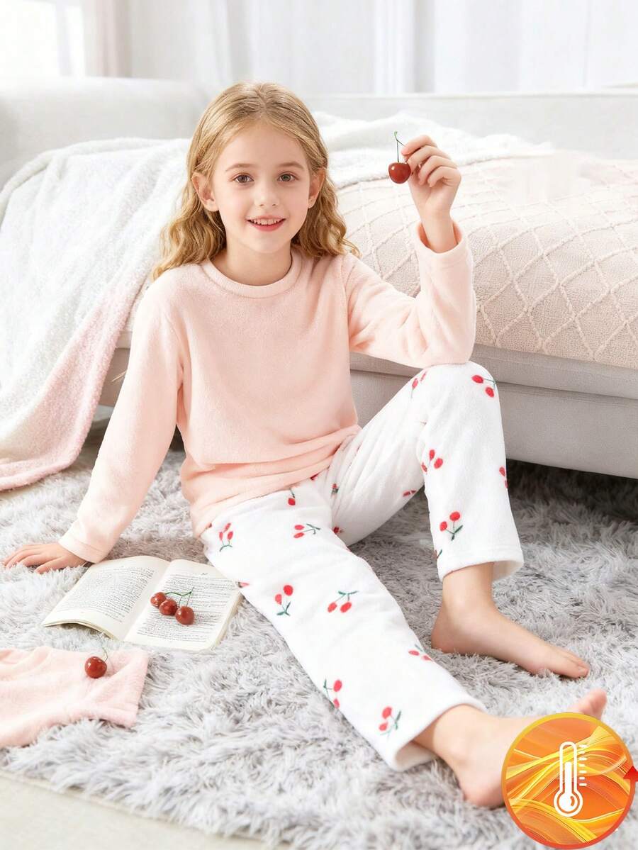 Genkimix Kids 4pcs/2sets Tween Girl Fashionable Pink Solid Plush Thick & Soft Material + Cherry Print Loose Casual Pants Set, Comfortable & Soft, Suitable For Autumn/Winter - Multicolor - View 1